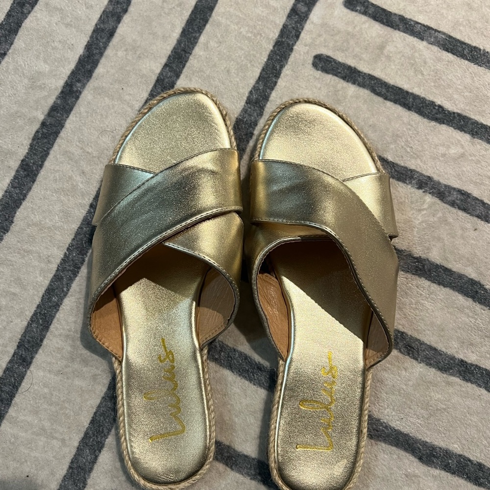 Lulu's Metallic Gold Cross Strap Sandals